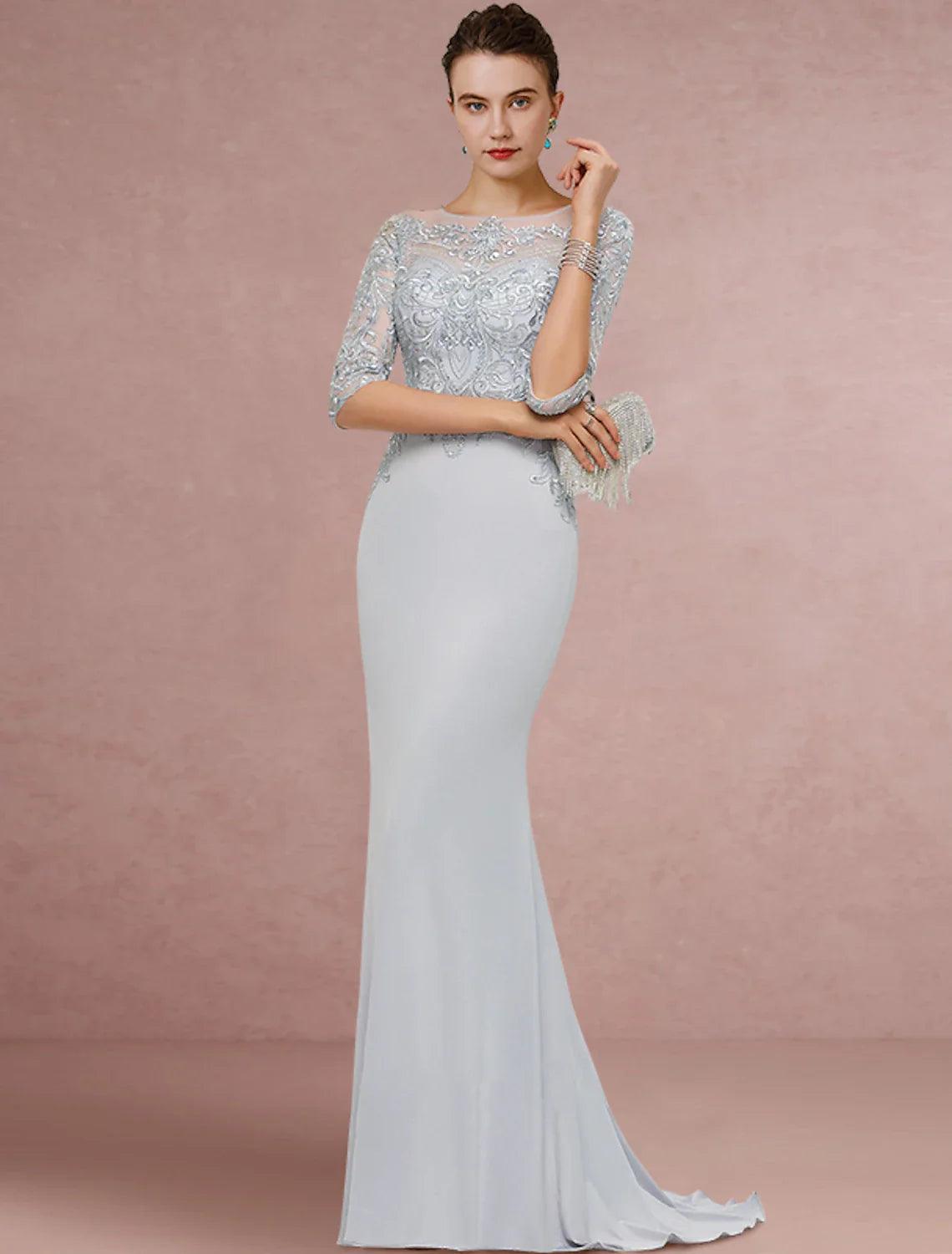 NumberSea-Sheath / Column Mother of the Bride Dress Wedding Guest Vintage Elegant Scoop Neck Sweep / Brush Train Chiffon Lace Half Sleeve with Sequin
