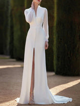 Hall Open Back Royal Style Formelle Herbst-Hochzeitskleider Etui-/Säulen-V-Ausschnitt Langarm Hofschleppe Stretch-Stoff Brautkleider mit Schlitz vorne Volltonfarbe