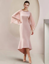 Meerjungfrau/Trompete Kleid für die Mutter der Braut, formelle Hochzeit, Gastparty, Vintage, elegant, Rundhalsausschnitt, asymmetrisch, bodenlang, Chiffon, ärmellos, mit Perlen verziert