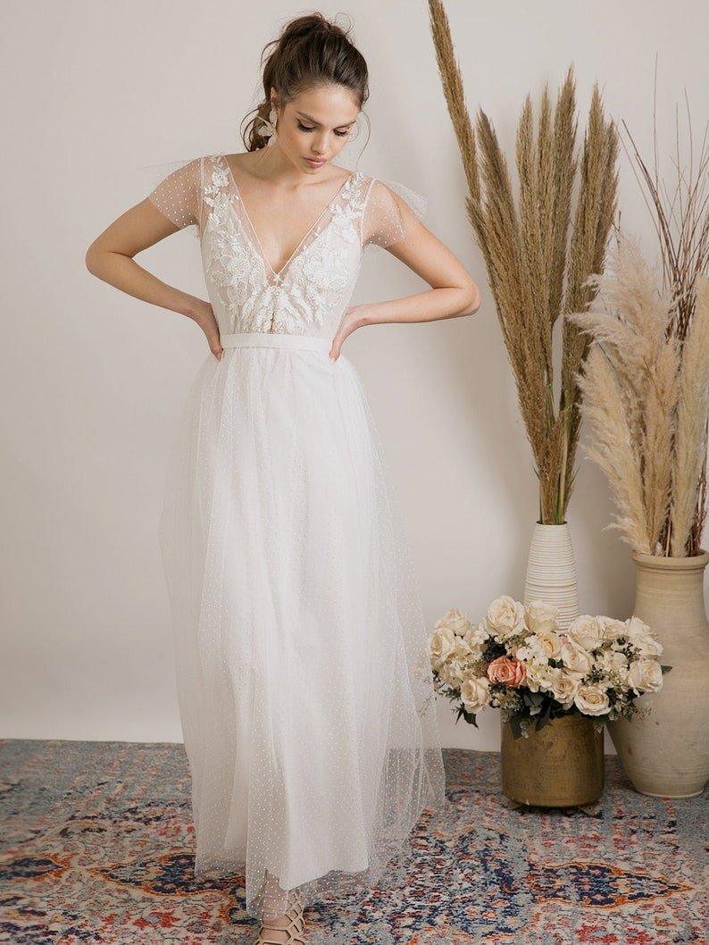 NumberSea-NumberSea Polka dot lace wedding dress with embroidery Ivory NumberSea-NumberSea Polka dot lace wedding dress with embroidery Ivory