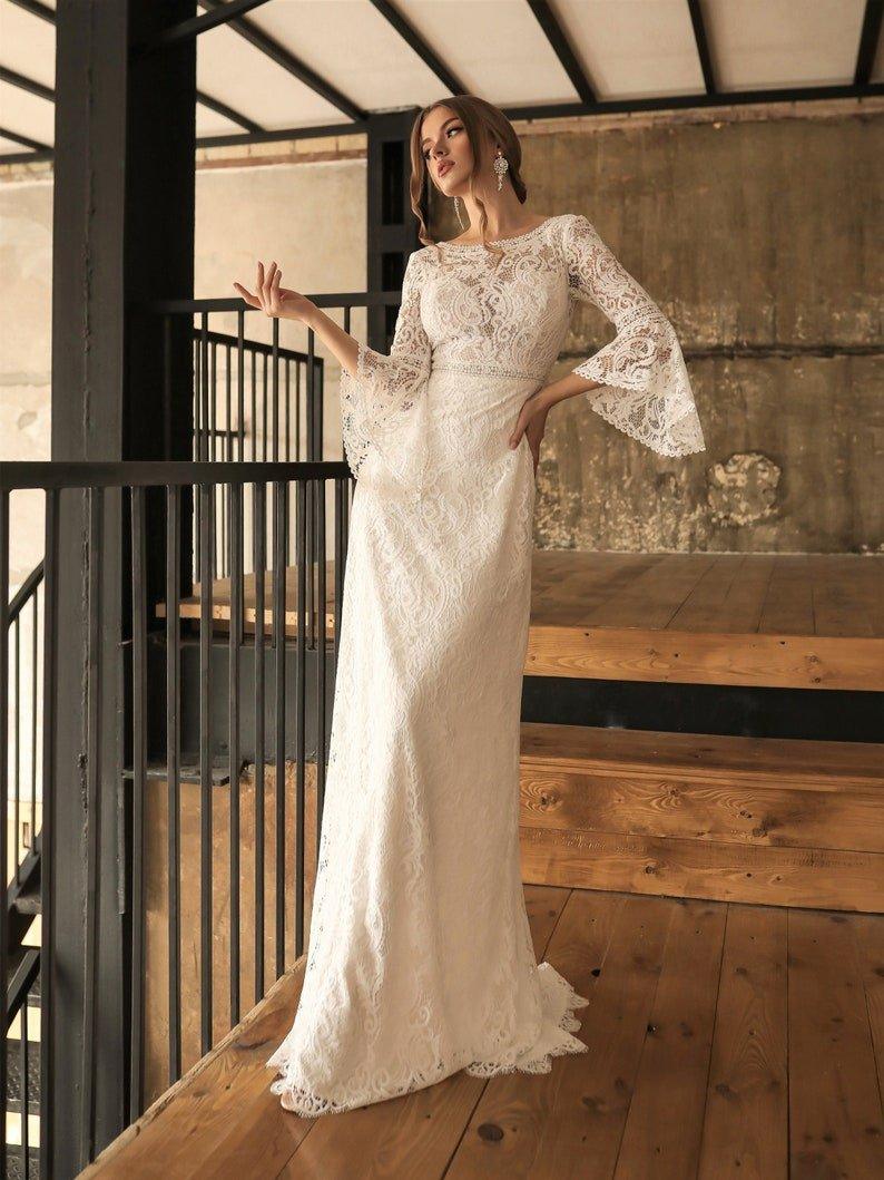 NumberSea-NumberSea Boho Rustic Country Long Lace Wedding Dress with Ling Sleeves, Fitted Wedding Dress with Train, Bohemian Wedding Dress Lace