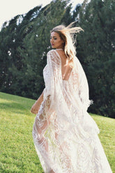 NumberSea - NumberSea Bohemian Wedding Dress with Embroidered Lace and Fringe Lace Trim, Flutter Dress A Linr Tassel Long Sleeve, Beach Wedding Dress