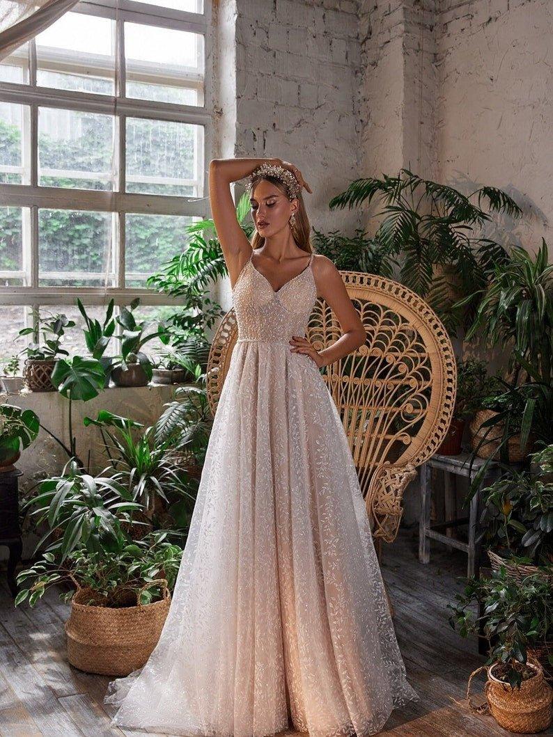 NumberSea-NumberSea Sparkle Wedding Dress, Crystals Embroidered Wedding Dress, A Line Wedding Dress, Backless Wedding Dress, Glitter Dress, Custom NumberSea-NumberSea Sparkle Wedding Dress, Crystals Embroidered Wedding Dress, A Line Wedding Dress, Backless Wedding Dress, Glitter Dress, Custom