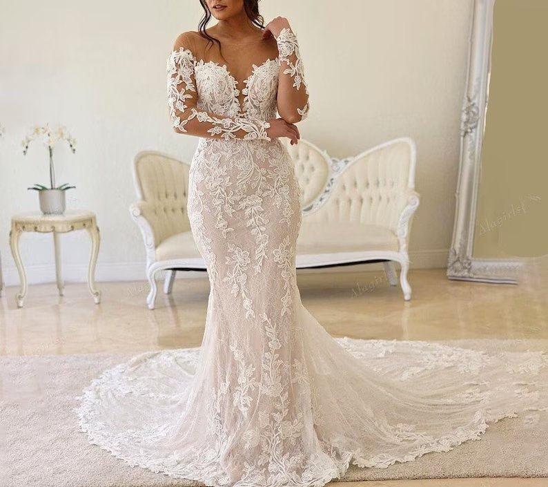 long sleeve wedding reception dress Romantic Tea Length Pearl Tulle Sheer Long Sleeve Wedding Reception Dress