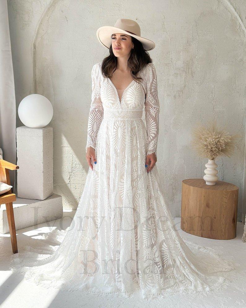 NumberSea-NumberSea Long lace removable sleeves wedding dress, A