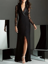 Meerjungfrau/Trompete Kleid für die Mutter der Braut, Herbst, Hochzeitsgast, elegant, hoher Schlitz, V-Ausschnitt, bodenlang, Spitze, Stretchstoff, lange Ärmel mit Applikationen, Schlitz vorne