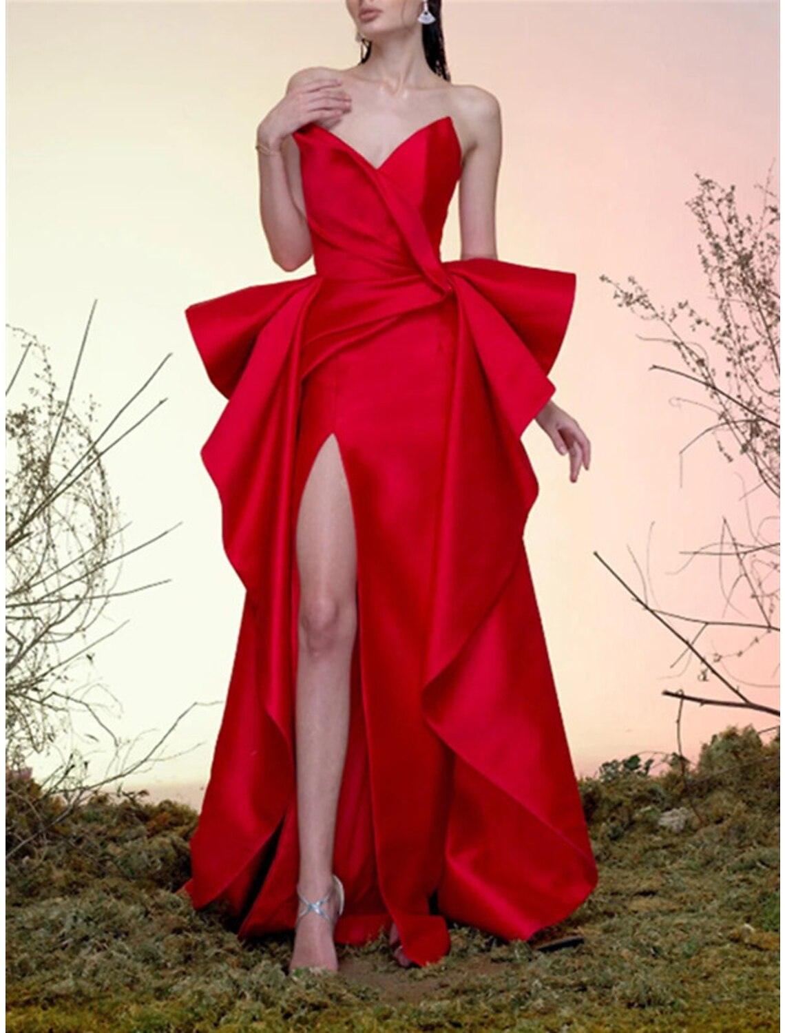 Sheath / Column Elegant Vintage Engagement Formal Evening Dress V Neck Sleeveless Sweep / Brush Train Satin with Ruffles Slit, US 18w / UK 22 / EU 48