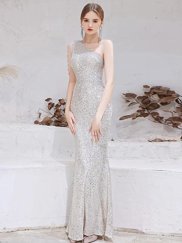 Mermaid / Trumpet Evening Gown Sparkle Dress Wedding Guest Floor Length Sleeveless One Shoulder Sequined with Beading Sequin US 16Plus / UK 20 / EU 46 Mermaid / Trumpet Evening Gown Sparkle Dress Wedding Guest Floor Length Sleeveless One Shoulder Sequined with Beading Sequin US 16Plus / UK 20 / EU 46