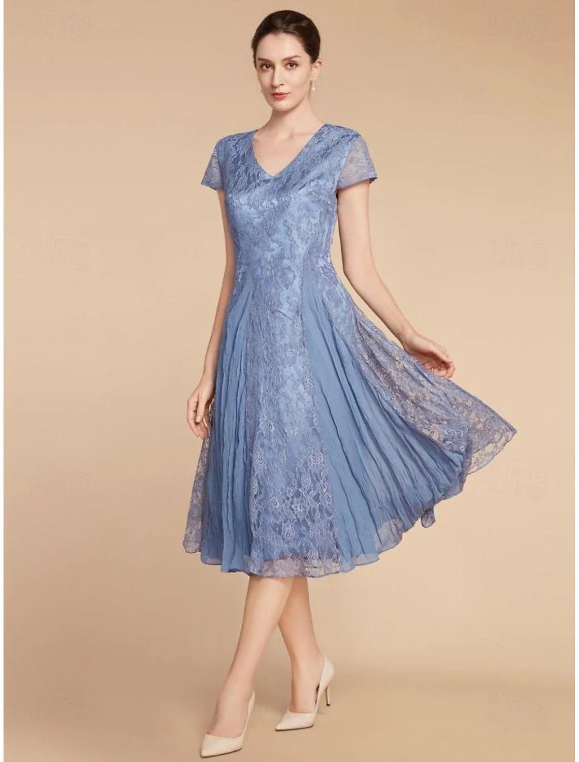 NumberSea-Wedding Guest Elegant Petite V Neck Knee Length Chiffon Lace Short Sleeve with Ruching Solid Color Mother of the Bride Dress