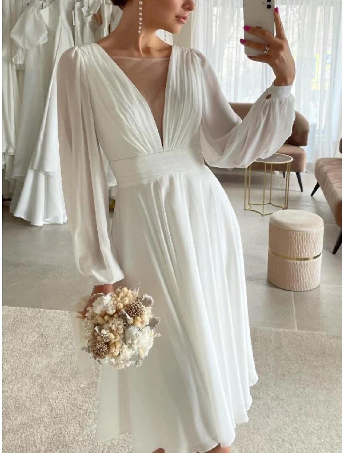 knee length chiffon wedding dress Ivory Short Wedding Dress Knee Length V Neck Half Sleeves A Line Natural Waist Chiffon Bridal Dresses
