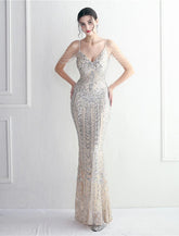 Meerjungfrau/Trompete Abendkleid Sparkle & Shine Kleid Formeller Hochzeitsgast Bodenlang Kurzarm Spaghettiträger Polyester mit Perlen Pailletten