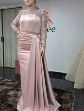 Meerjungfrau/Trompete Abendkleid Glitzerndes Kleid Maskerade Schwarze Krawatte Bodenlang Langarm Rundhals Herbst Hochzeitsempfang Satin mit Perlen