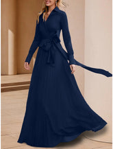 Elegantes, bodenlanges Kleid für Hochzeitsgäste aus Chiffon mit V-Ausschnitt und langen Ärmeln und Schleife(n), einfarbig
