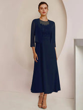 Zweiteiliges A-Linien-Kleid für die Mutter der Braut, formeller Hochzeitsgast, eleganter U-Ausschnitt, bodenlange Chiffon-Spitze, 3/4-Ärmel, Jackenkleider mit Schärpe/Band-Applikationen