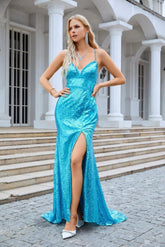 NumberSea - Ladies Spaghetti Strap Sequined V Neck Slit Mermaid Long Bridesmaid Dress Prom Wedding Party Evening Dress 28084