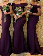 Meerjungfrau/Trompete Brautjungfernkleid, schulterfrei, kurze Ärmel, elegant, Sweep/Pinselzug, Stretch-Chiffon mit Volltonfarbe