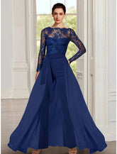 Overall/Hosenanzug, Kleid für die Brautmutter, Hochzeitsgast, elegant, Rundhalsausschnitt, bodenlang, Stretch-Chiffon, lange Ärmel, mit Rüschen, einfarbig