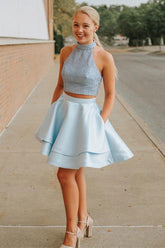 Light Blue Two Piece Mini Homecoming Dresses with Pocket Halter Beaded