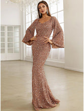 Meerjungfrau/Trompete Abendkleid Sparkle & Shine Kleid Formelles Herbstkleid Sweep/Pinselzug Langarm V-Ausschnitt Pailletten mit Glitzer Rüschen