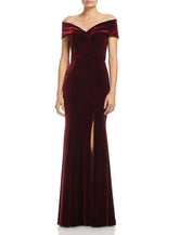 Meerjungfrau/Trompete Mutter der Braut Kleid Hochzeit Gast Elegant Hohe Split Off Schulter Bodenlangen Samt Kurzarm Nein mit Split Vorne Volltonfarbe