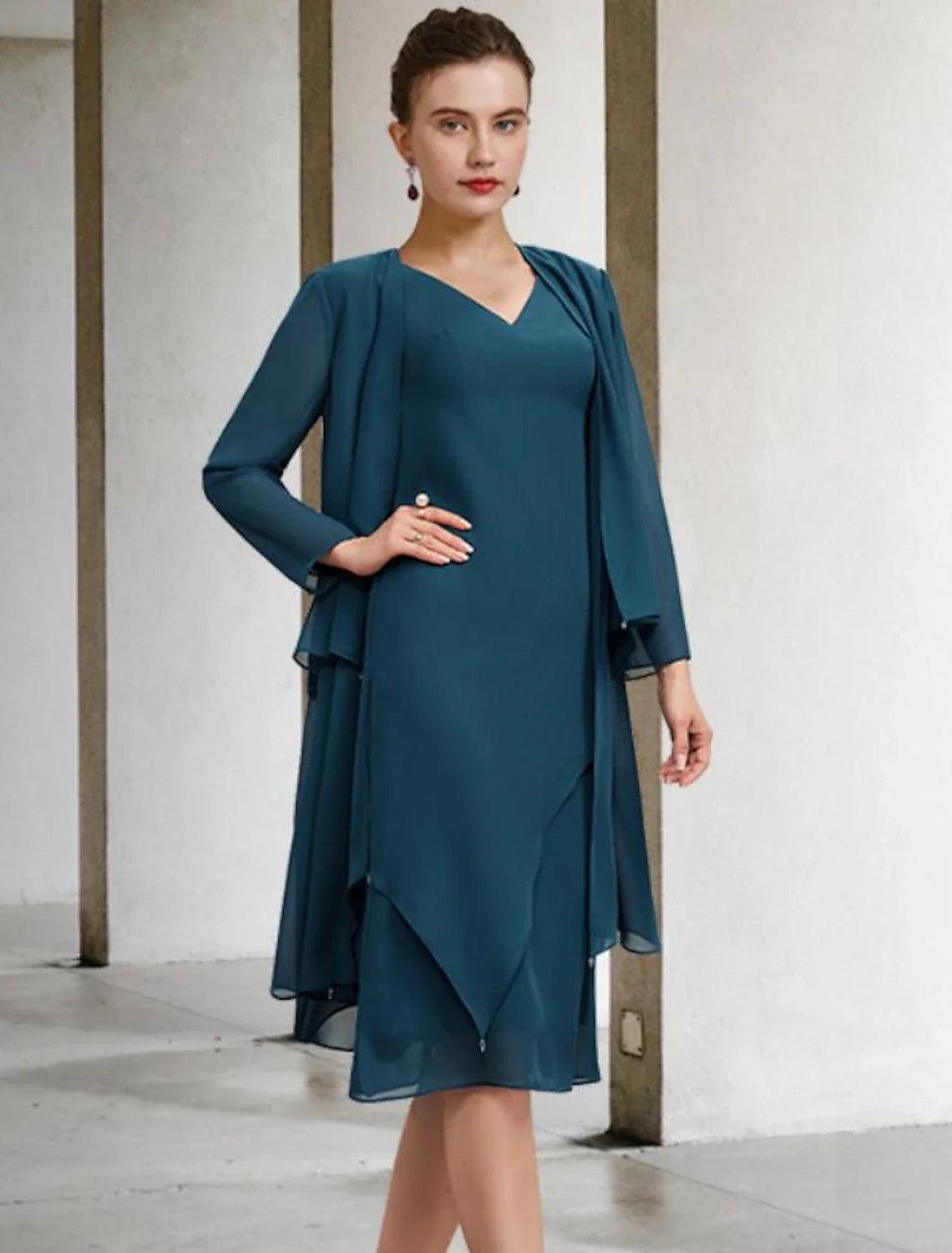 Two Piece Sheath / Column Mother of the Bride Dress Church Vintage Elegant V Neck Knee Length Chiffon Sleeveless Wrap Included Jacket Dresses with