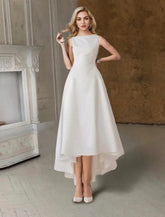 Hall Little White Dresses Brautkleider A-Linie Rundhalsausschnitt Ärmellos Wadenlang Satin Brautkleider Mit Falten Einfarbig
