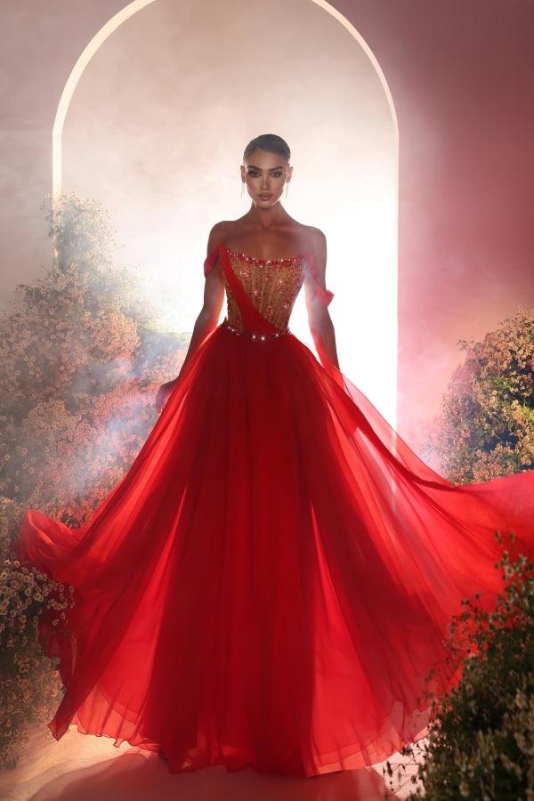 NumberSea-Modern Long Red A-line Off-the-shoulder Chiffon Beading Prom Dress