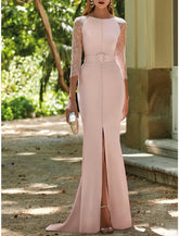 Meerjungfrau/Trompete Kleid für die Brautmutter, Hochzeitsgast, eleganter Rundhalsausschnitt, Schleppe, Stretch-Stoff, 3/4-Ärmel mit Spitze, Schlitz vorne, Rüschen