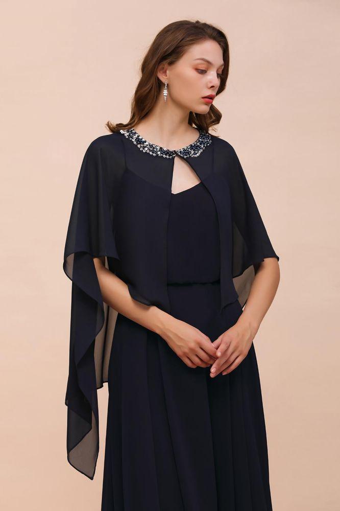 NumberSea-Navy Blue Bridesmaid Dress with Beading Wraps Floor Length Chiffon Maid of Honor Dress