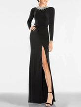 Schwarzes Meerjungfrauenkleid, Abendkleid in Übergröße, elegantes Kleid, formelle Hochzeitsgäste, bodenlang, lange Ärmel, Juwelenhals, Gothic-Stretchstoff mit Strassschlitz