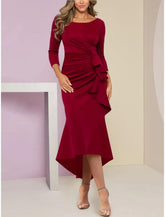 Meerjungfrau/Trompete Kleid für die Mutter der Braut, Hochzeitsgast, elegant, zierlich, U-Ausschnitt, asymmetrisch, Stretch-Stoff, lange Ärmel mit Rüschen, Rüschen