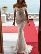 Meerjungfrau Schwarzes Kleid Übergröße Abendkleid Glitzer & Glanz Kleid Hochzeitsfeier Geburtstag Bodenlang Kurzarm Schulterfrei Herbst Hochzeitsempfang Pailletten mit Rüschen