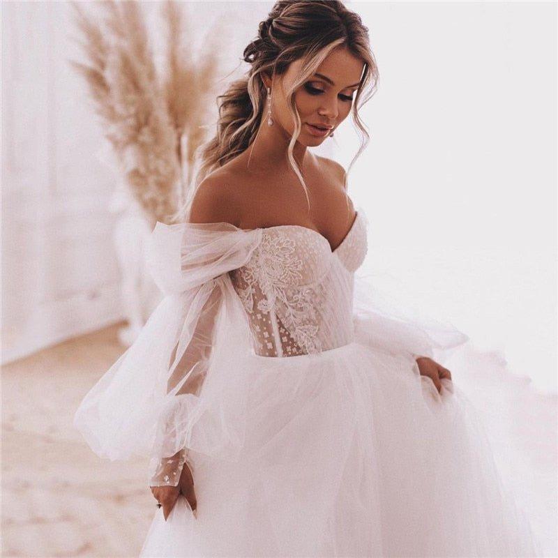 NumberSea-NumberSea 2022 Boho Wedding Dresses Detachable Long Puff Sleeve Bride Dress Vintage Lace Beach Wedding Gowns Plus Size Corset Back Sweet