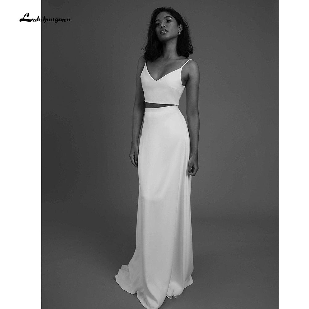 NumberSea-NumberSea 2022 Simple Two Piece Wedding Dresses Beach Bridal Dresses Floor Length Satin Outfit Reception Gowns Spaghetti Straps Black / 26W NumberSea-NumberSea 2022 Simple Two Piece Wedding Dresses Beach Bridal Dresses Floor Length Satin Outfit Reception Gowns Spaghetti Straps Black / 26W