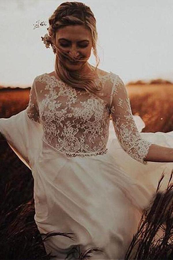 NumberSea-NumberSea A-line 3/4 Sleeves See-through Bodice Wedding Dresses, Bridal Gown, MW831