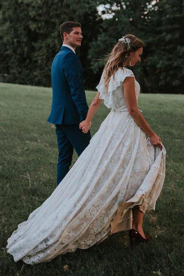 NumberSea-NumberSea A-line V Back Lace Cap Sleeves Beach Wedding Dresses, Bridal Gowns, MW841 NumberSea-NumberSea A-line V Back Lace Cap Sleeves Beach Wedding Dresses, Bridal Gowns, MW841