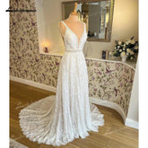 NumberSea - NumberSea A Line Wedding Dresses Sexy V Neck Lace Appliques Spaghetti Straps For Women Bridal Gown Sweep Vestidos De Novia
