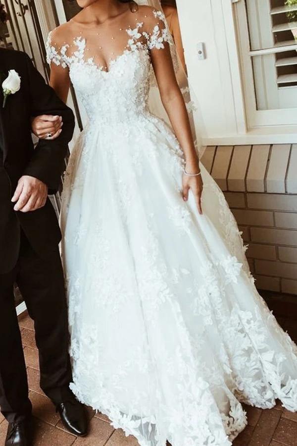 NumberSea-NumberSea Beautiful White Lace A-line Illusion Neck Wedding Dresses, Bridal Gown, MW563 NumberSea-NumberSea Beautiful White Lace A-line Illusion Neck Wedding Dresses, Bridal Gown, MW563