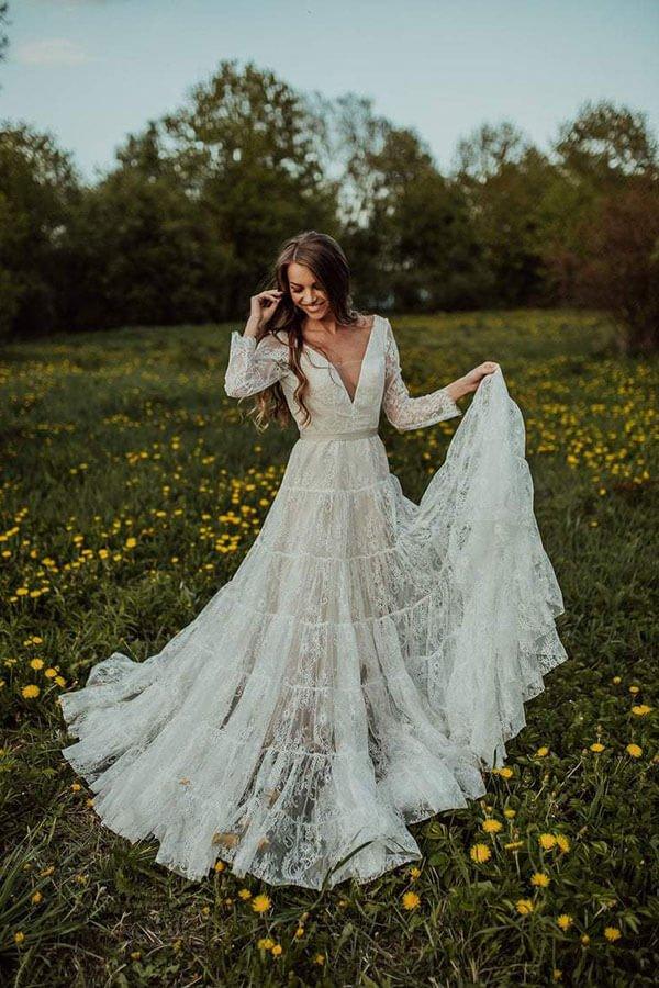 NumberSea-NumberSea Bohemian Lace A-line V-neck Long Sleeves Wedding Dresses, Bridal Dress, MW608