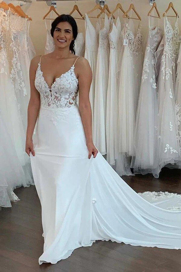 NumberSea-NumberSea Chiffon Spaghetti Straps Lace Appliques Bohemian Wedding Dresses, MW913