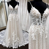 NumberSea - NumberSea Deep V Neck Lace Floral Wedding Dress for Women 2024 Bridal Gown Champagne Backless Spaghetti Straps abito da sposa