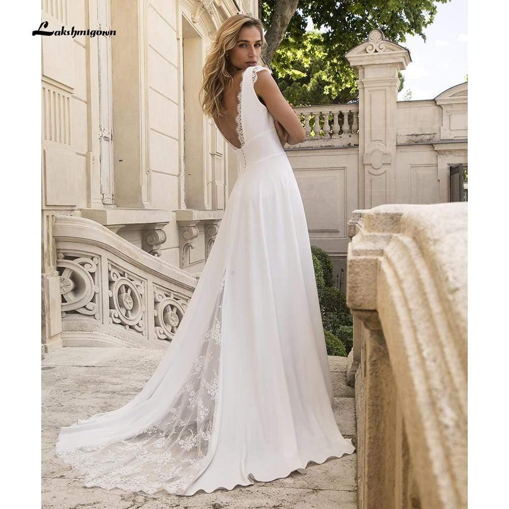 NumberSea Deep V Neck Lace Satin Backless Beach A Line Wedding Dresses White / 6 NumberSea Deep V Neck Lace Satin Backless Beach A Line Wedding Dresses White / 6