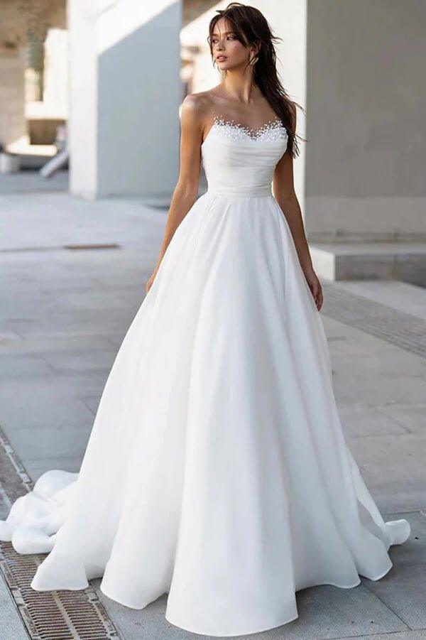 satin modest wedding dress Satin Modest Wedding Dress: Long Sleeves, Cathedral Train, Winter Bridal Gown for Church Ceremony