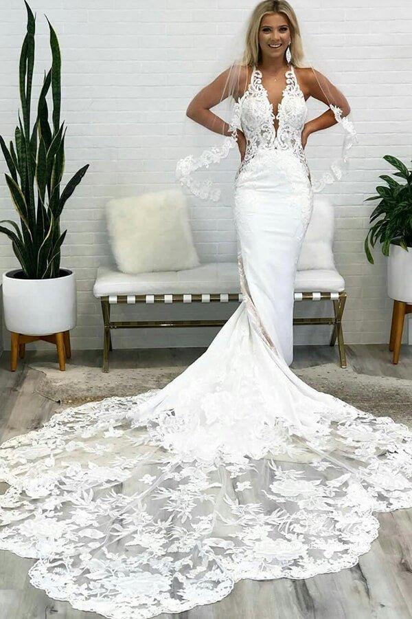 NumberSea Gorgeous Tulle Mermaid Deep V Neck Backless Lace Wedding Dresses, MW974, US12 / Custom Color NumberSea Gorgeous Tulle Mermaid Deep V Neck Backless Lace Wedding Dresses, MW974, US12 / Custom Color