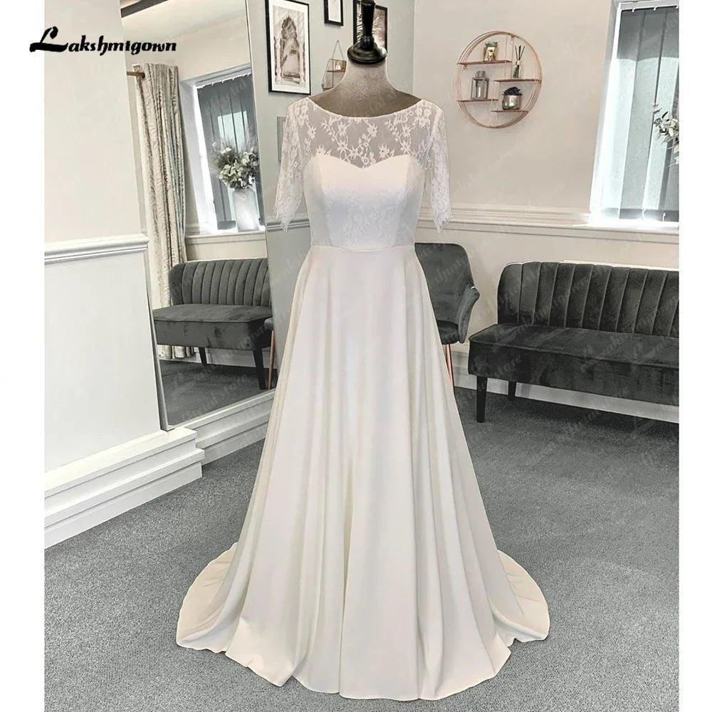 NumberSea Half Sleeves Lace Formal Wedding Dresses Floor Length A-Line Satin with Pleats 2025 Bridal Gowns, Ivory / 2