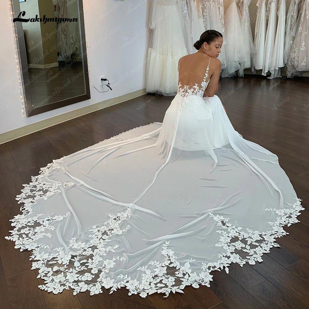 NumberSea-NumberSea Ivory Lace Appliques Chiffon Floor-Length A-Line Wedding Dresses Chapel Train Custom Made V-Neck Bridal Gown NumberSea-NumberSea Ivory Lace Appliques Chiffon Floor-Length A-Line Wedding Dresses Chapel Train Custom Made V-Neck Bridal Gown