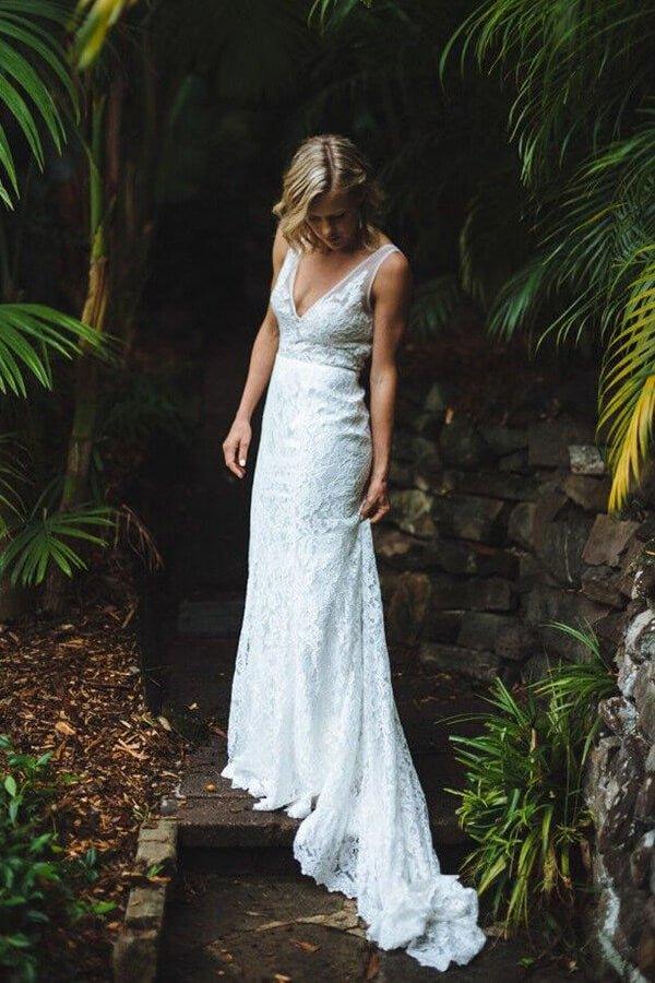 NumberSea Ivory Lace Mermaid Open Back V-Neck Long Beach Wedding Dresses, MW682, US8 / As Picture NumberSea Ivory Lace Mermaid Open Back V-Neck Long Beach Wedding Dresses, MW682, US8 / As Picture