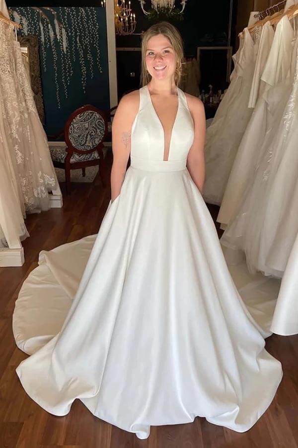 NumberSea-NumberSea Ivory Satin Deep V-neck Wedding Dresses With Pockets, Bridal Gowns, MW895 US12 / Custom Color NumberSea-NumberSea Ivory Satin Deep V-neck Wedding Dresses With Pockets, Bridal Gowns, MW895 US12 / Custom Color