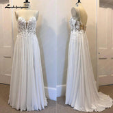 NumberSea - NumberSea Lace Appliques Chiffon Open Back V - neck Spaghetti Straps Beach Wedding Dress A Line 2025 Vestido Novia