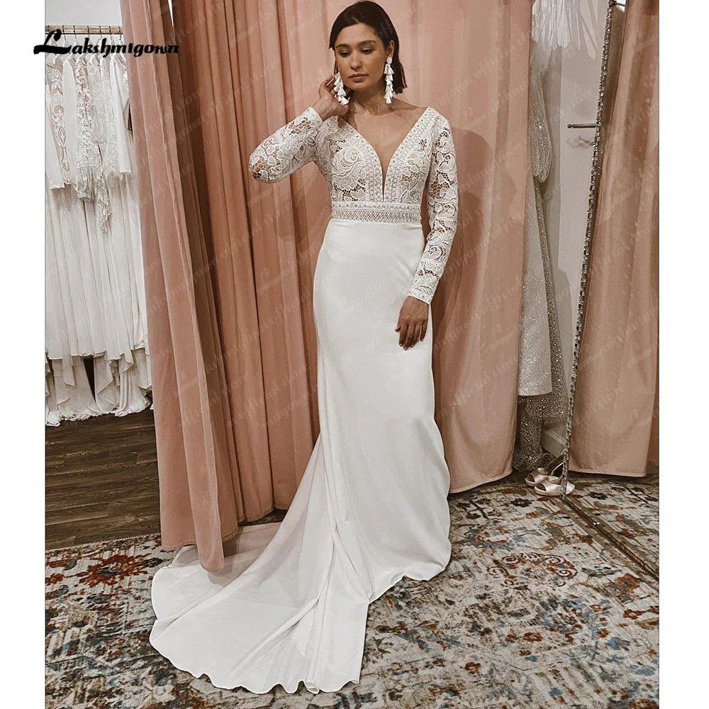 NumberSea-NumberSea Lace Long Sleeve Crepe Wedding Dresses 2025 Robe Satin Plus Size Mermaid Bridal Gowns Hochzeit